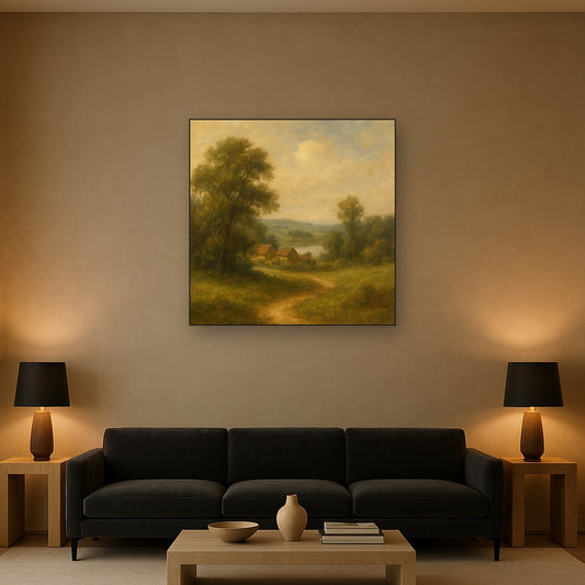 Rome Piazza Fountain in Morning Sunlight No. 15 Oil Painting Staged Above Sectional Sofa in Living Room, Hand Painted Canvas Wall Art for Home Decor