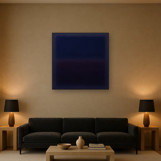 Deep Indigo & Midnight Plum Ambient Field No. 21 Oil Painting Staged Above Sectional Sofa in Living Room, Hand Painted Canvas Wall Art for Home Decor