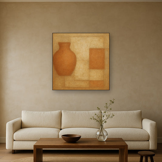 Earthy Terracotta & Weathered Plaster Wash No. 27 Oil Painting Staged Above Sectional Sofa in Living Room, Hand Painted Canvas Wall Art for Home Decor