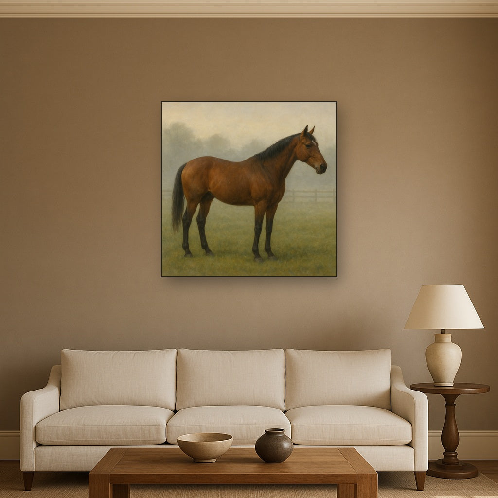 Thoroughbred in Morning Pasture Mist No. 15 Oil Painting - View 2