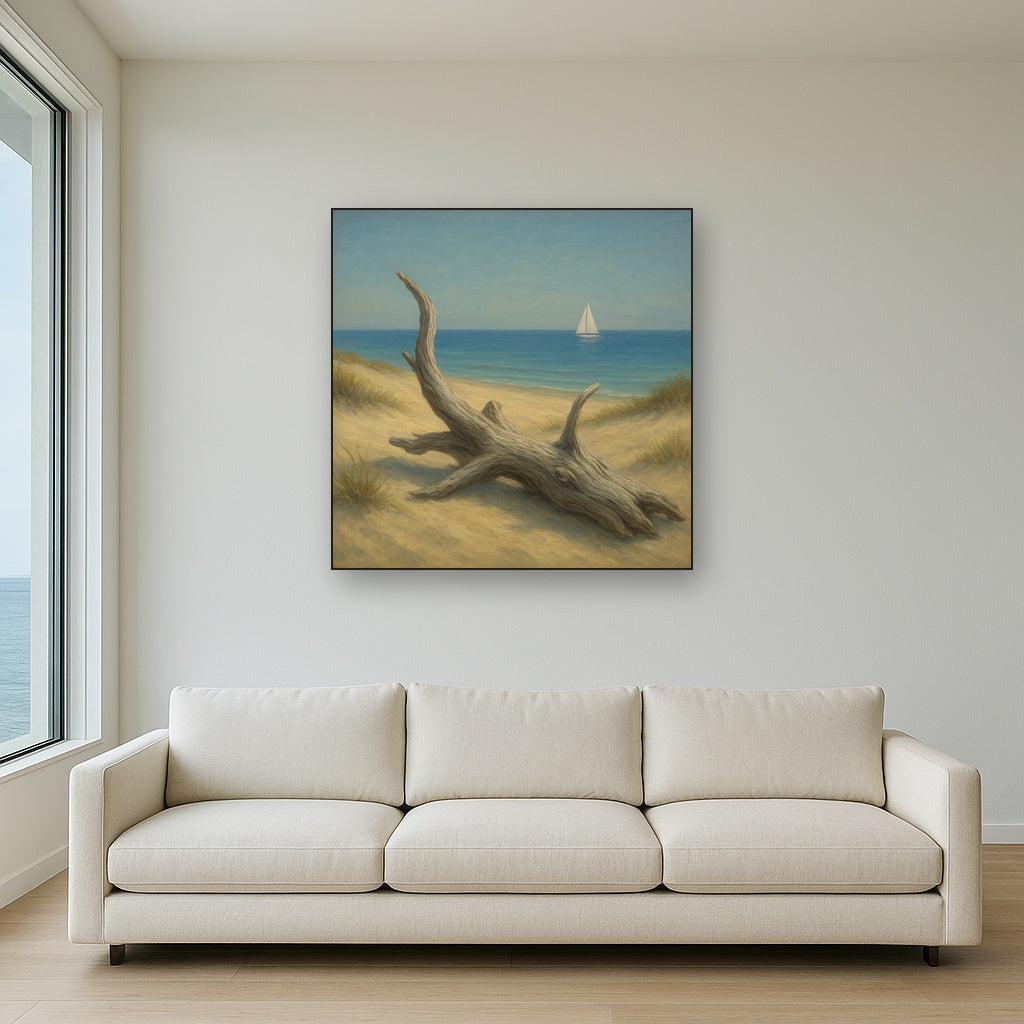 Sun-Bleached Driftwood & Distant Sailboat No. 20 Oil Painting - View 2