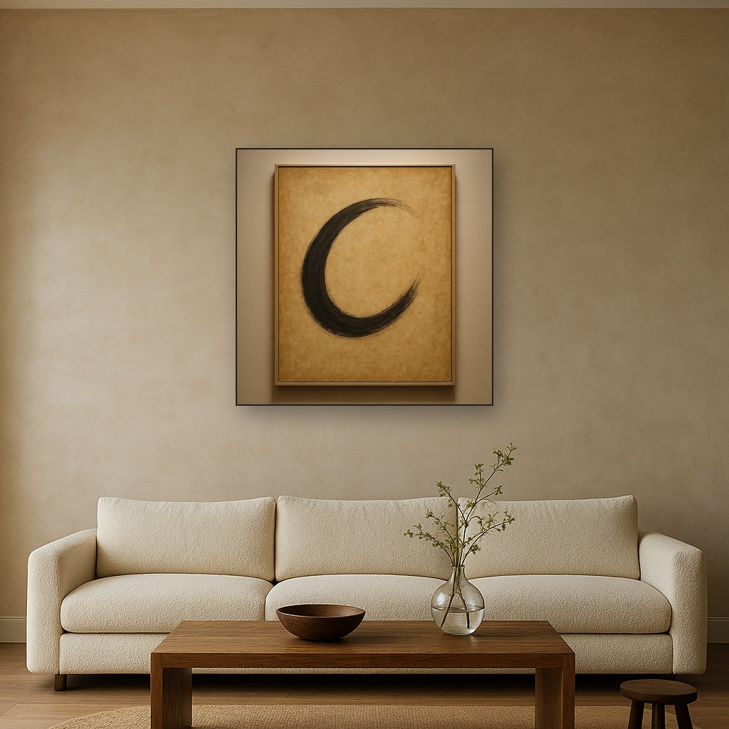 Aged Rice Paper & Charcoal Calligraphic Balance No. 15 Oil Painting Staged Above Sectional Sofa in Living Room, Hand Painted Canvas Wall Art for Home Decor