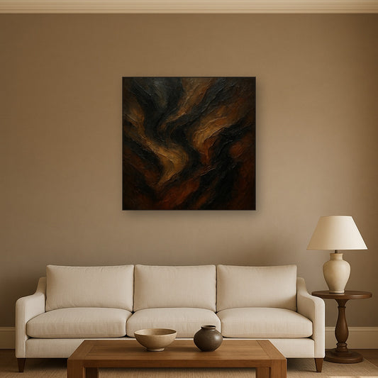 Smoky Topaz & Charred Wood Abstract No. 4 Oil Painting - Styled in Modern Living Room