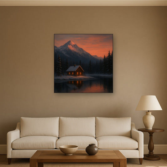 Winter Solstice Mountain Cabin Reflection No. 8 Oil Painting Staged Above Sectional Sofa in Living Room, Hand Painted Canvas Wall Art for Home Decor