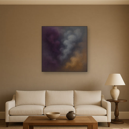 Gilded Plum & Soft Smoke Cloud Harmony No. 15 Oil Painting Staged Above Sectional Sofa in Living Room, Hand Painted Canvas Wall Art for Home Decor