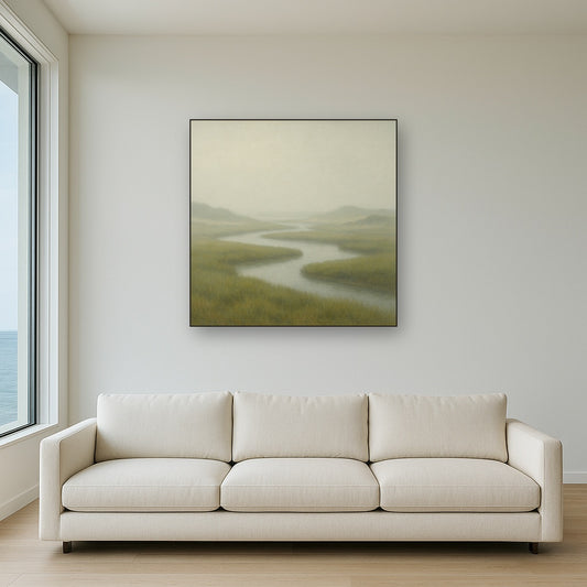 Morning Fog over Cape Cod Tidal Marsh No. 5 Oil Painting Staged Above Sectional Sofa in Living Room, Hand Painted Canvas Wall Art for Home Decor