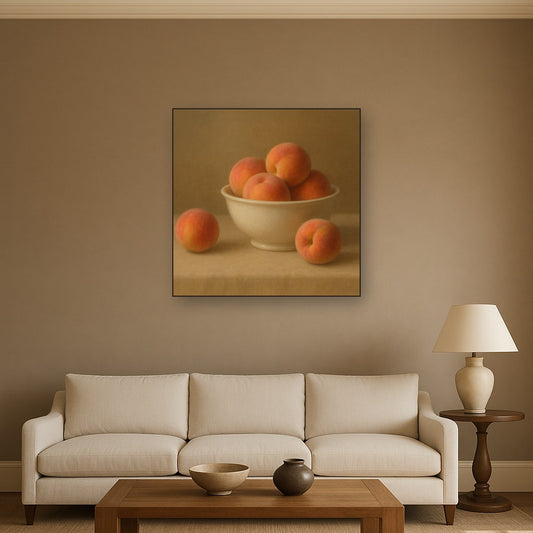 Heirloom Peaches & White Ceramic Bowl No. 2 Oil Painting Staged Above Sectional Sofa in Living Room, Hand Painted Canvas Wall Art for Home Decor
