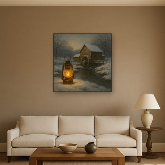 Snowy Mill Stream & Glowing Lantern No. 10 Oil Painting - View 2