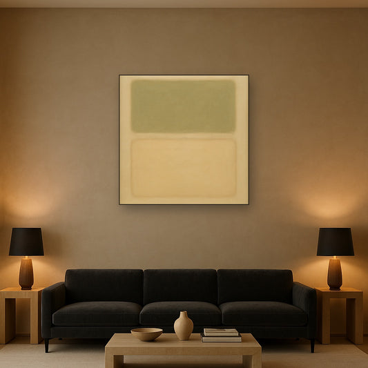 Sage Olive & Pale Sandstone Minimalist Harmony No. 16 Oil Painting Staged Above Sectional Sofa in Living Room, Hand Painted Canvas Wall Art for Home Decor