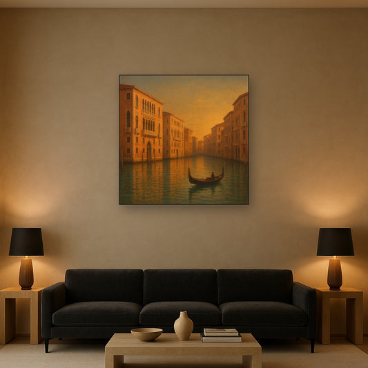 Venetian Canal Palaces at Golden Hour No. 25 Oil Painting Staged Above Sectional Sofa in Living Room, Hand Painted Canvas Wall Art for Home Decor