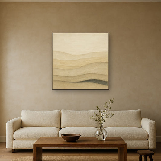 Raw Limestone Horizon & Washed Linen No. 8 Oil Painting Staged Above Sectional Sofa in Living Room, Hand Painted Canvas Wall Art for Home Decor