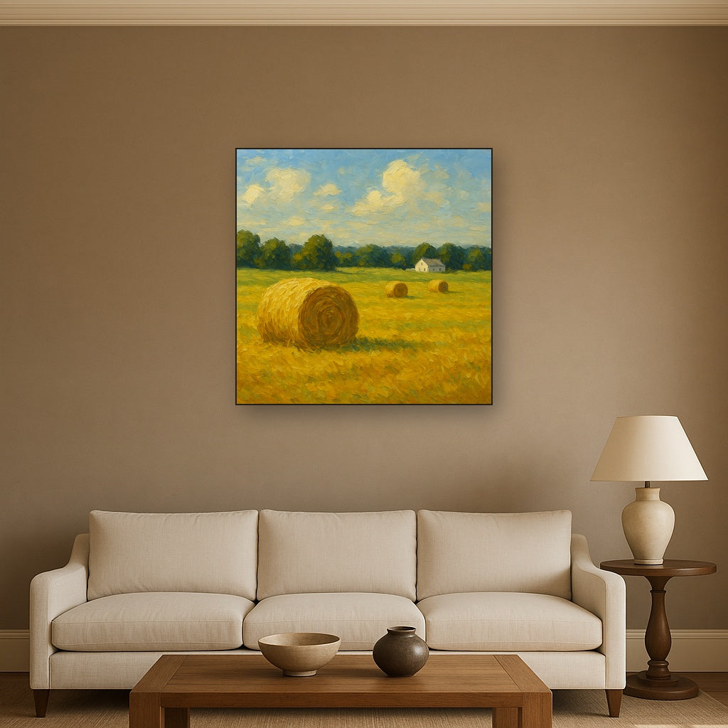 Rolling Meadow Hay Bales Horizon No. 2 Oil Painting - Styled in Modern Living Room