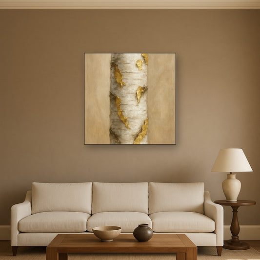 Golden Birch Forest Luxury Botanical Oil Painting - Styled in Modern Living Room