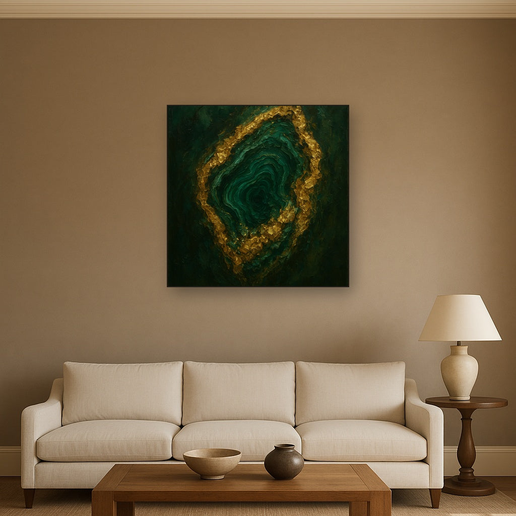 Forest Malachite & Gilded Geode No. 4 Oil Painting - Styled in Modern Living Room