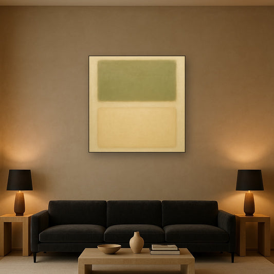 Sage Olive & Pale Sandstone Minimalist Harmony No. 19 Oil Painting Staged Above Sectional Sofa in Living Room, Hand Painted Canvas Wall Art for Home Decor