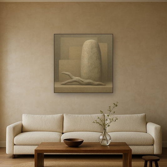 Driftwood Grey & Weathered Stone Monolith No. 25 Oil Painting Staged Above Sectional Sofa in Living Room, Hand Painted Canvas Wall Art for Home Decor