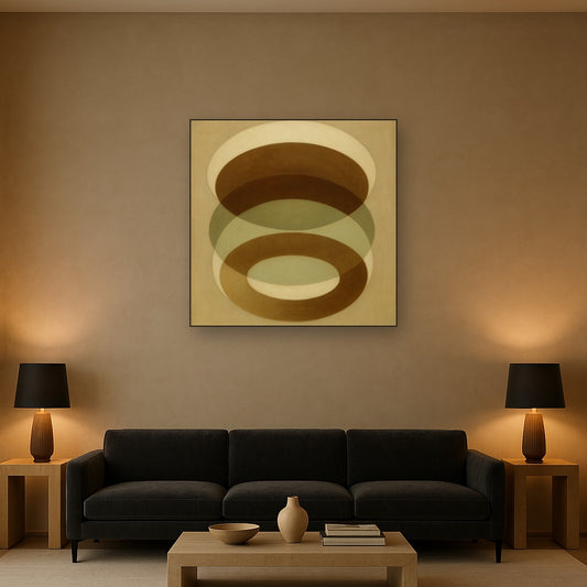Floating Ellipse Harmony in Walnut & Pale Sage No. 13 Oil Painting Staged Above Sectional Sofa in Living Room, Hand Painted Canvas Wall Art for Home Decor