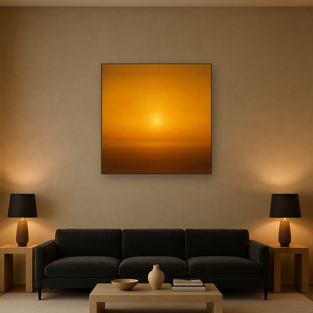 Warm Amber & Raw Sienna Sunset Meditation No. 4 Oil Painting Staged Above Sectional Sofa in Living Room, Hand Painted Canvas Wall Art for Home Decor