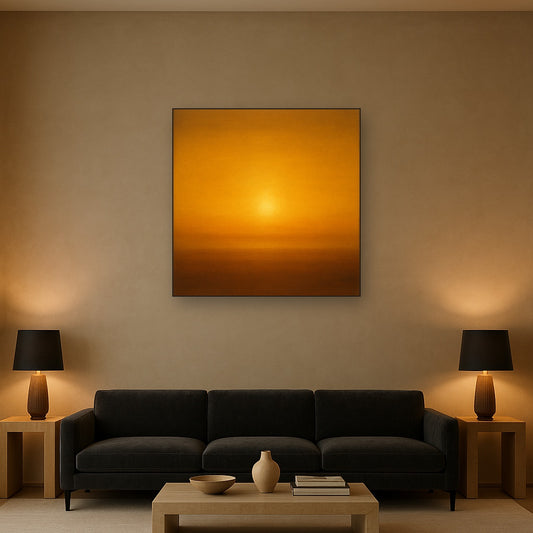 Warm Amber & Raw Sienna Sunset Meditation No. 4 Oil Painting Staged Above Sectional Sofa in Living Room, Hand Painted Canvas Wall Art for Home Decor