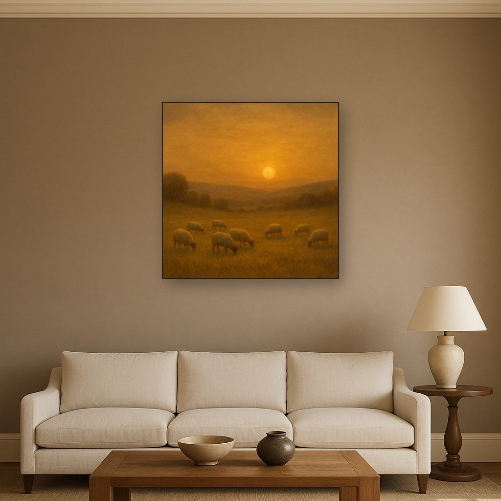 Sunset Grazing Flock in Golden Valley No. 4 Oil Painting - View 2