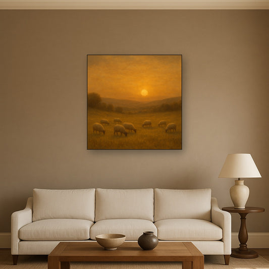 Sunset Grazing Flock in Golden Valley No. 4 Oil Painting - View 2