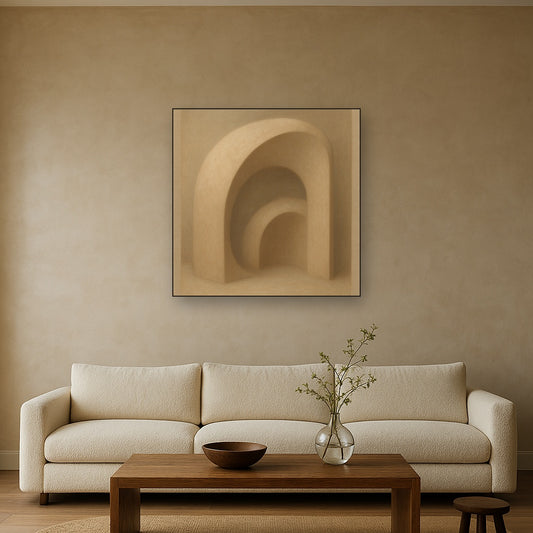 Soft Architectural Curve in Desert Bone No. 25 Oil Painting Staged Above Sectional Sofa in Living Room, Hand Painted Canvas Wall Art for Home Decor