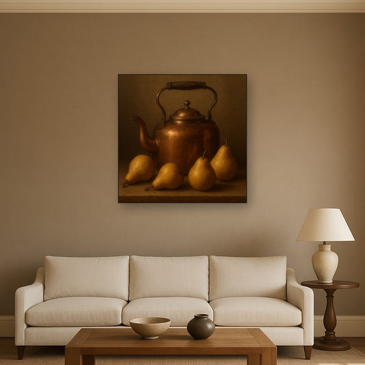 Antique Copper Kettle & Orchard Pears Oil Painting - View 2