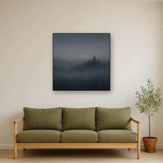 Dusk over Silent Pine Ridgeline in Charcoal Fog No. 23 Oil Painting Staged Above Sectional Sofa in Living Room, Hand Painted Canvas Wall Art for Home Decor