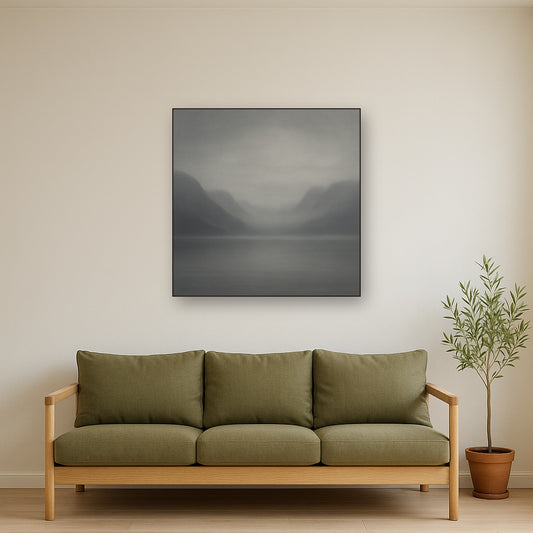 Misty Fjord Horizon in Monochromatic Slate No. 12 Oil Painting Staged Above Sectional Sofa in Living Room, Hand Painted Canvas Wall Art for Home Decor