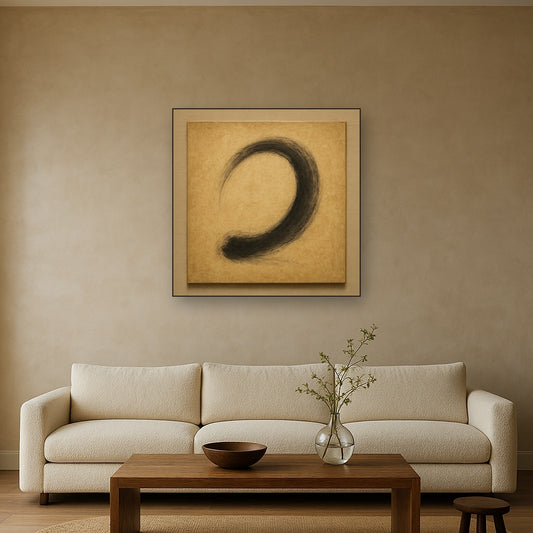 Aged Rice Paper & Charcoal Calligraphic Balance No. 28 Oil Painting Staged Above Sectional Sofa in Living Room, Hand Painted Canvas Wall Art for Home Decor