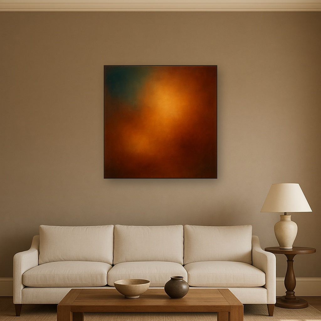 Deep Topaz & Spiced Terracotta Glow No. 17 Oil Painting Staged Above Sectional Sofa in Living Room, Hand Painted Canvas Wall Art for Home Decor