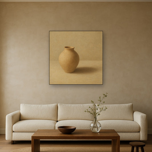 Organic Clay Vessel & Solitary Shadow No. 25 Oil Painting Staged Above Sectional Sofa in Living Room, Hand Painted Canvas Wall Art for Home Decor