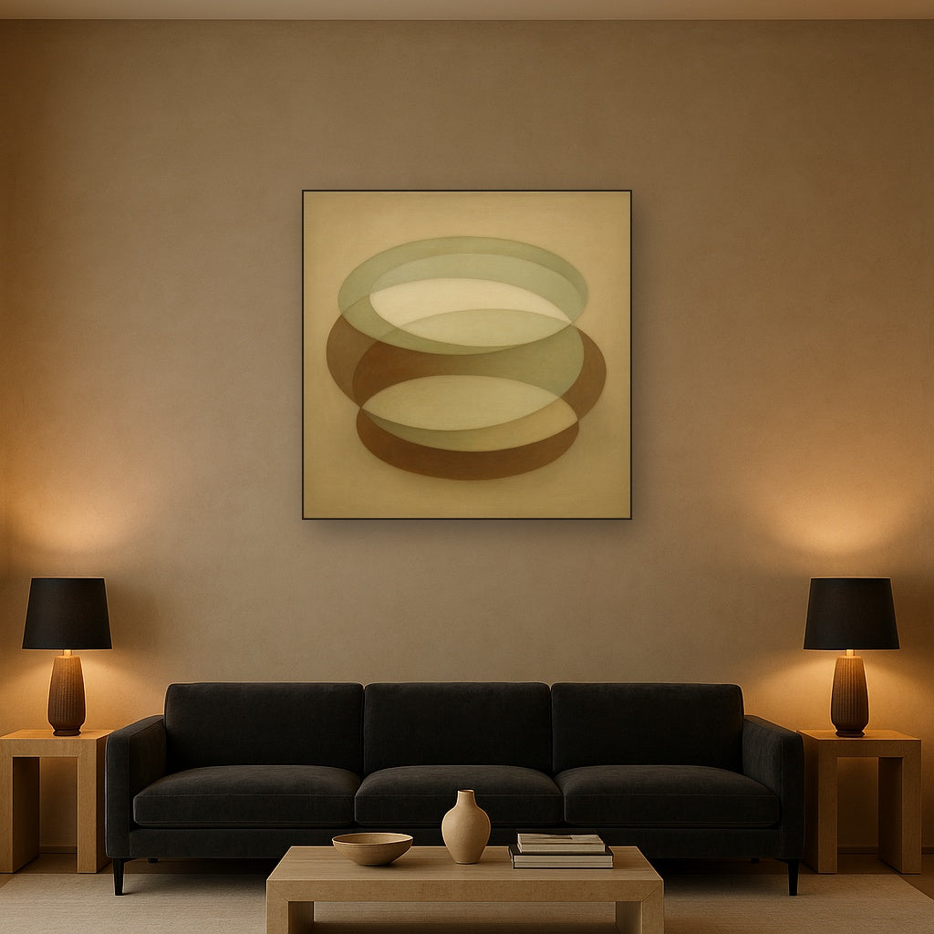 Floating Ellipse Harmony in Walnut & Pale Sage No. 17 Oil Painting - View 2