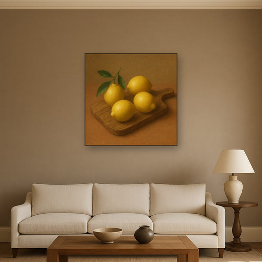Meyer Lemons on Olive Wood Board Oil Painting Staged Above Sectional Sofa in Living Room, Hand Painted Canvas Wall Art for Home Decor