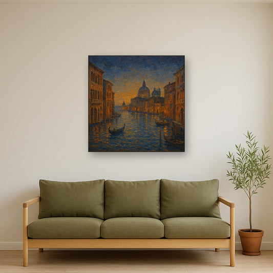 Vintage Venetian Grand Canal at Twilight No. 5 Oil Painting - Styled in Modern Living Room