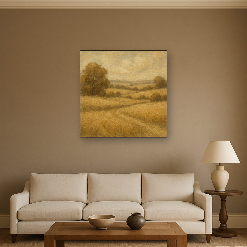 Earthy Linen Plaster Countryside Calm No. 5 Oil Painting - Styled in Modern Living Room