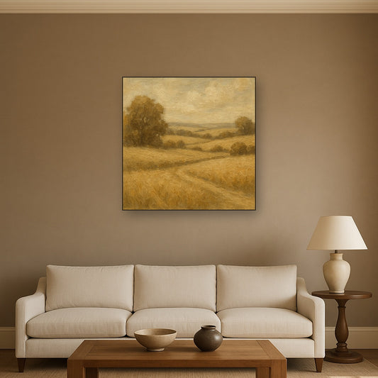 Earthy Linen Plaster Countryside Calm No. 5 Oil Painting - Styled in Modern Living Room