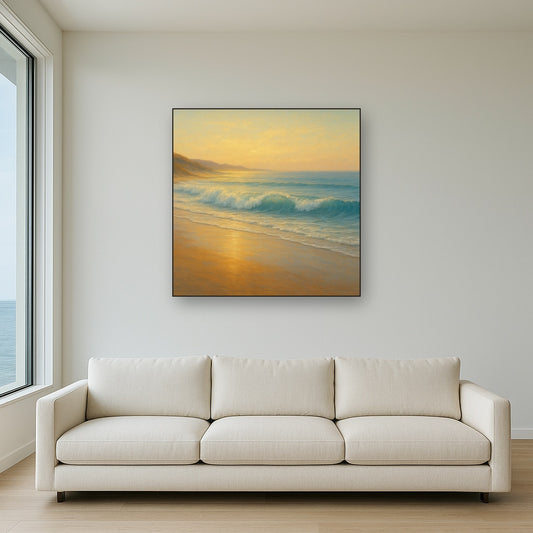 Gentle Breaking Waves & Wet Beach Reflection Oil Painting Staged Above Sectional Sofa in Living Room, Hand Painted Canvas Wall Art for Home Decor