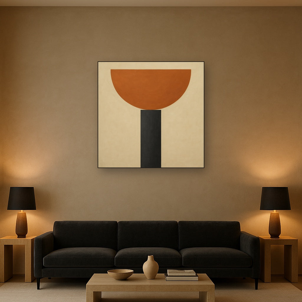Semicircle Horizon & Minimalist Pillar No. 4 Oil Painting Staged Above Sectional Sofa in Living Room, Hand Painted Canvas Wall Art for Home Decor