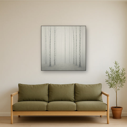 Pale Birch Woodland Silhouette in Whiteout No. 7 Oil Painting Staged Above Sectional Sofa in Living Room, Hand Painted Canvas Wall Art for Home Decor