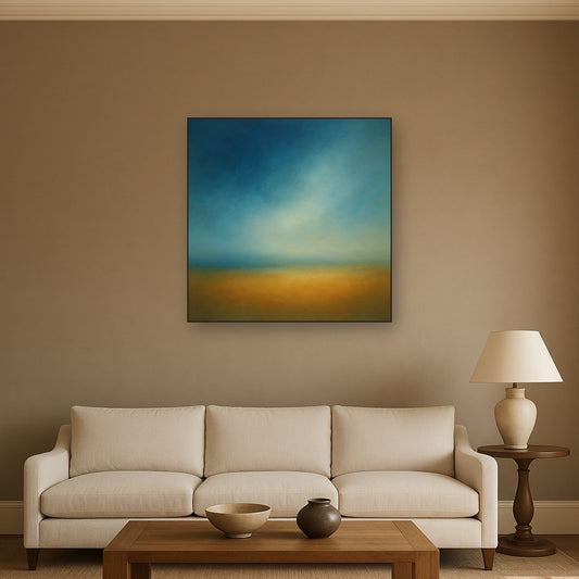 Celestial Azure & Warm Ochre Equilibrium No. 12 Oil Painting Staged Above Sectional Sofa in Living Room, Hand Painted Canvas Wall Art for Home Decor