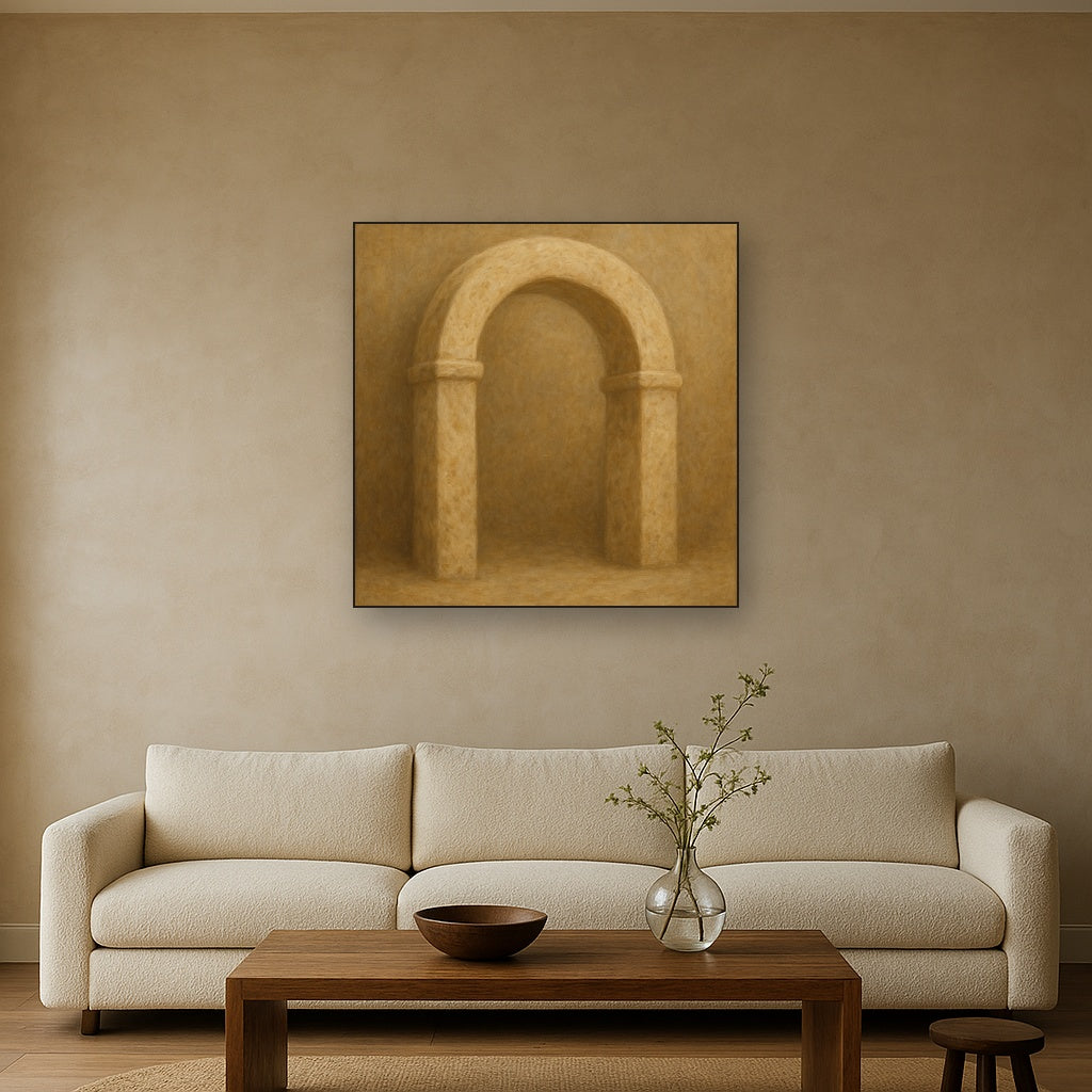 Travertine Stone Arch & Earth Tones No. 11 Oil Painting Staged Above Sectional Sofa in Living Room, Hand Painted Canvas Wall Art for Home Decor