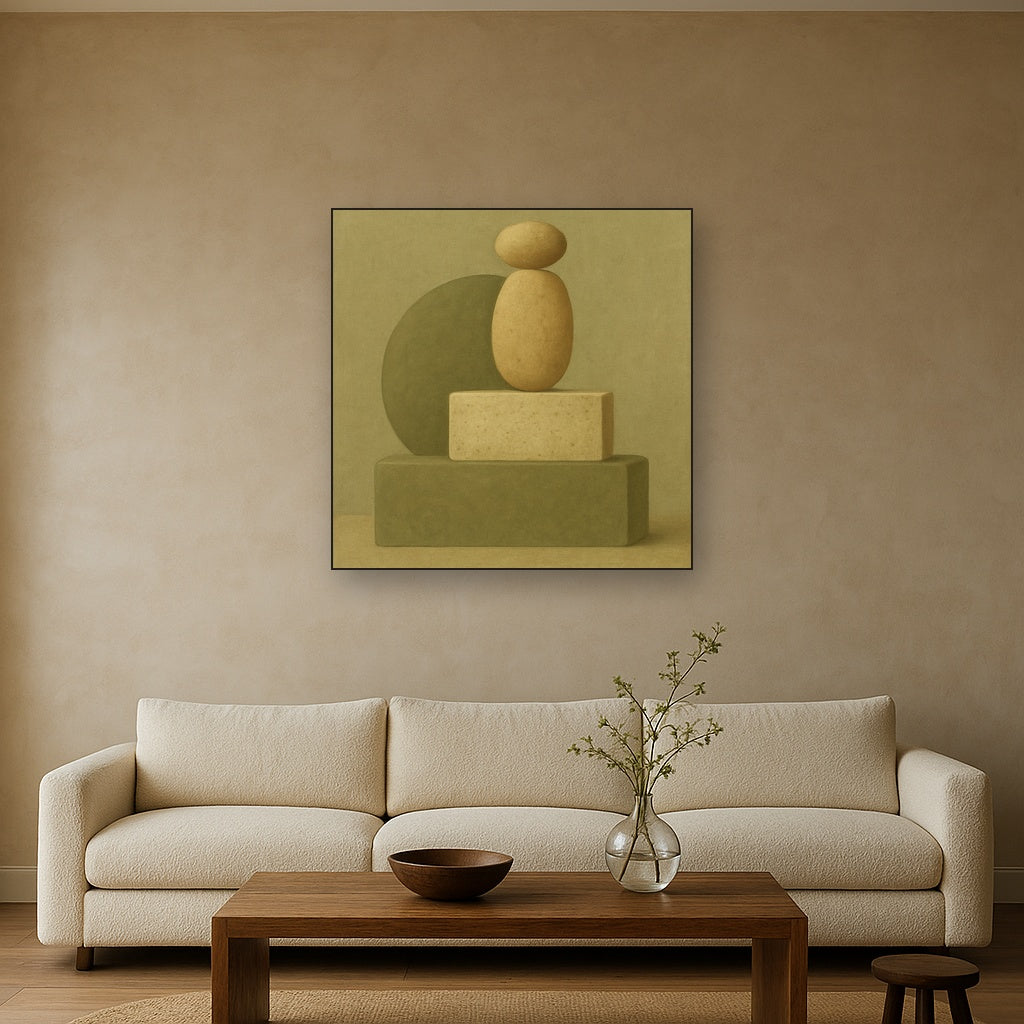 Muted Olive & Sandstone Geometric Balance No. 3 Oil Painting Staged Above Sectional Sofa in Living Room, Hand Painted Canvas Wall Art for Home Decor