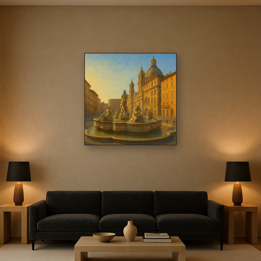 Rome Piazza Fountain in Morning Sunlight No. 18 Oil Painting Staged Above Sectional Sofa in Living Room, Hand Painted Canvas Wall Art for Home Decor
