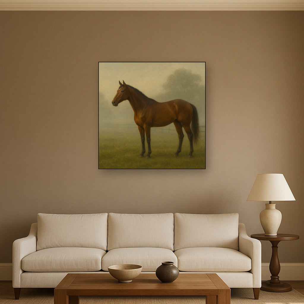 Thoroughbred in Morning Pasture Mist No. 3 Oil Painting - View 2