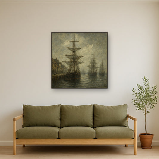 Old World Maritime Harbor & Tall Ships No. 5 Oil Painting - Styled in Modern Living Room