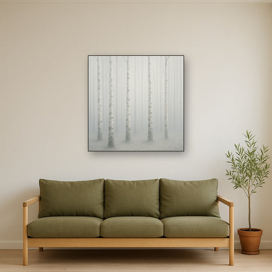 Pale Birch Woodland Silhouette in Whiteout No. 8 Oil Painting Staged Above Sectional Sofa in Living Room, Hand Painted Canvas Wall Art for Home Decor