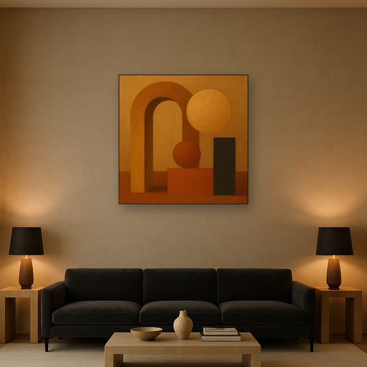 Arch & Circle Equilibrium in Warm Earth Tones No. 14 Oil Painting Staged Above Sectional Sofa in Living Room, Hand Painted Canvas Wall Art for Home Decor