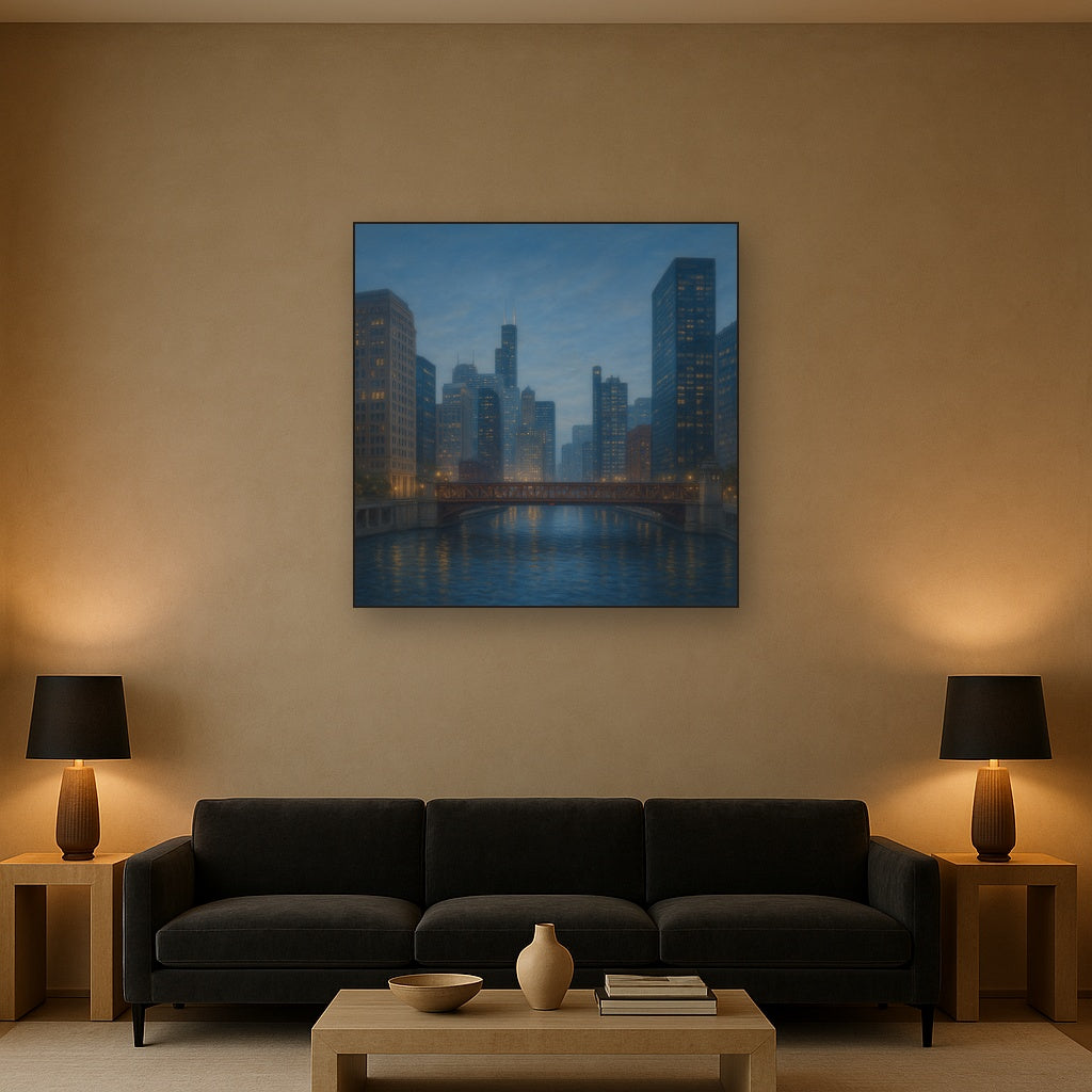 Chicago Riverfront Architecture at Blue Hour No. 5 Oil Painting - View 2