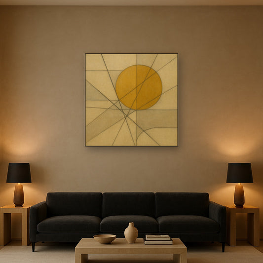 Abstract Tangent Lines & Earthy Ochre Disc No. 11 Oil Painting Staged Above Sectional Sofa in Living Room, Hand Painted Canvas Wall Art for Home Decor